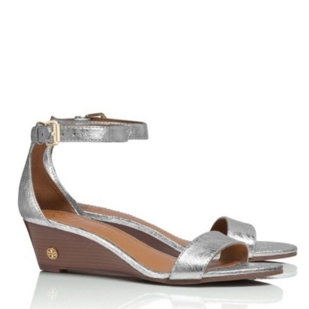NEW Tory Burch Savannah Silver Low Wedge Sandals